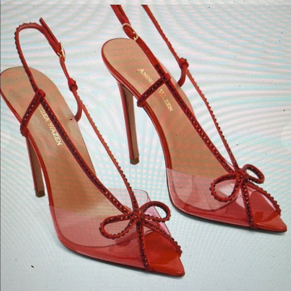 Andrea Wazen Red crystal lucite Strappy Heels with bow accent